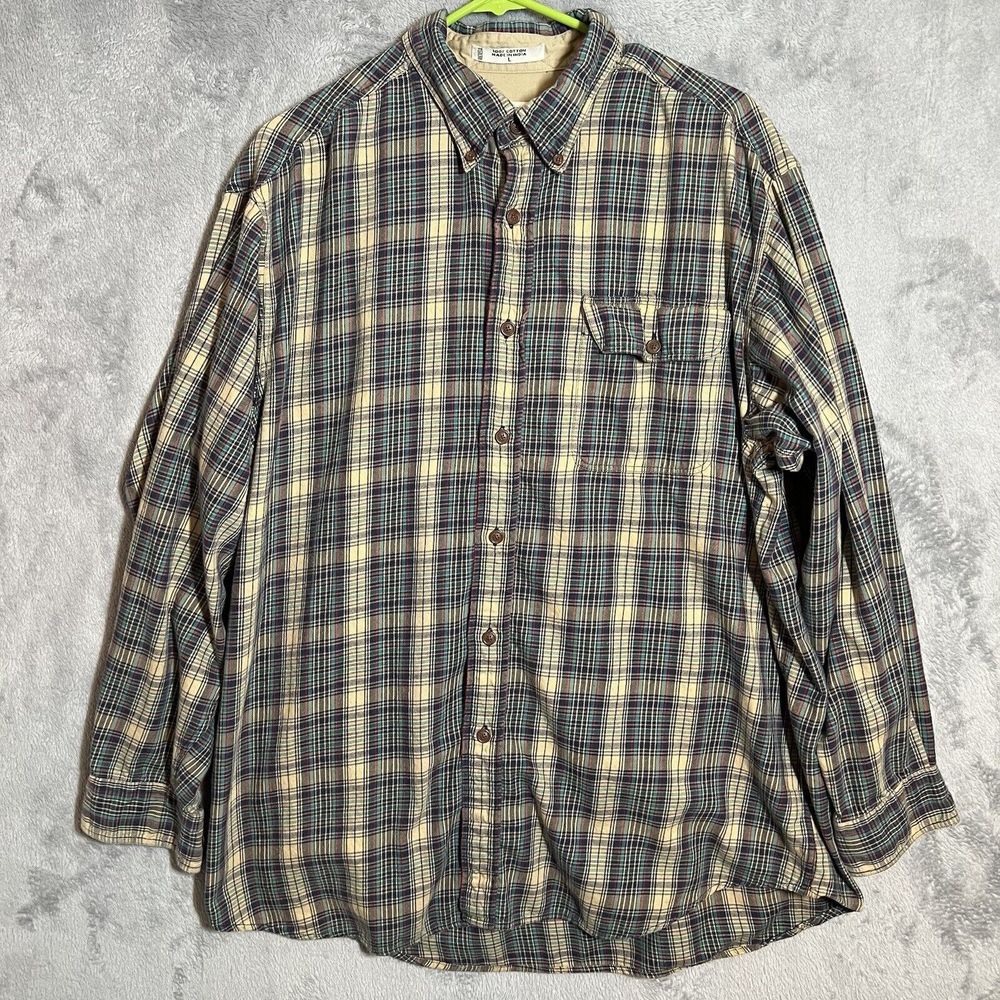 Orvis Shirt Mens Large Plaid Cotton Flannel Long Sleeve Casual Blue Beige‎